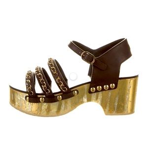 $1075 CHANEL gilded sandals chain CC platform clogs strappy shoes wedge heels